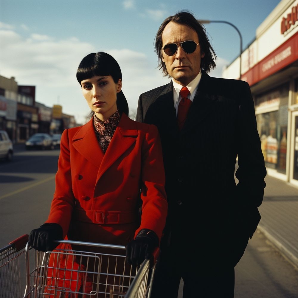 Louise Brooks and J. G. Ballard push a shopping cart