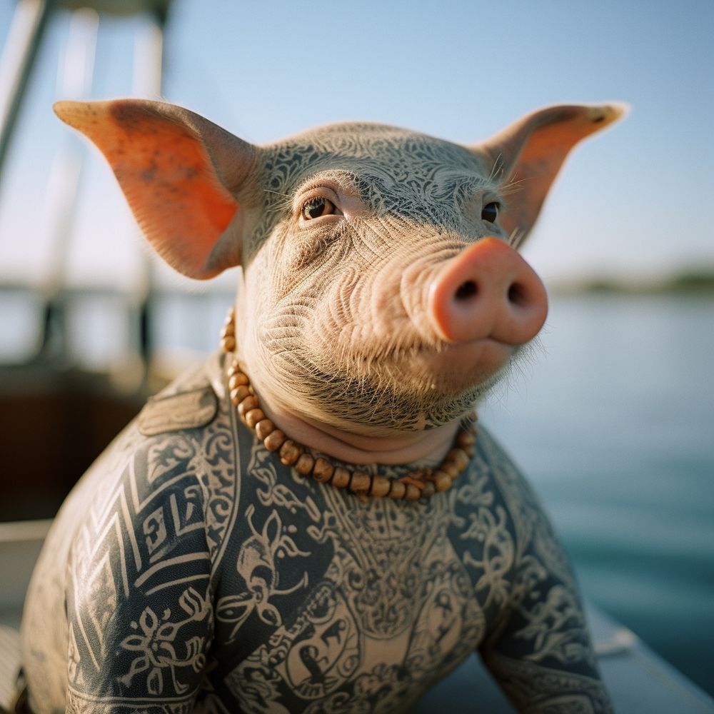 a pig with tattoos stands on a sailboat moored in a pacific atoll