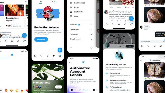 A collection of various screenshots showcasing the new visual design at Twitter.