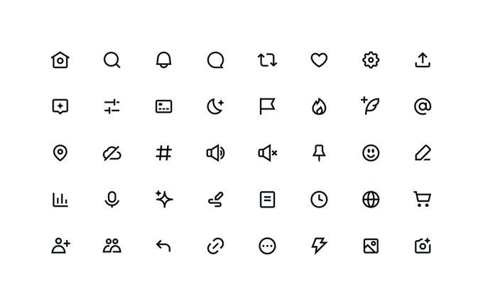 Grid of icons that showcase a sample of new icons. From top left row by row you have Home, Search, Notifications, speech bubble, Retweet, Like, settings, share, Topics (alt), filter, credit card, dark mode, flag, fire, compose Tweet, @, location, data off, #, sound on, sound off, pin, smiley face, pencil, bar chart, microphone, sparkle, draw, lists, clock, globe, cart, follow, people, reply (alt), link, more circle, Moments, photo, and camera.