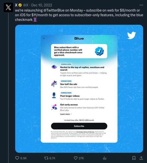X Post : "we’re relaunching @TwitterBlue on Monday – subscribe on web for $8/month or on iOS for $11/month to get access to subscriber-only features, including the blue checkmark 🧵"
