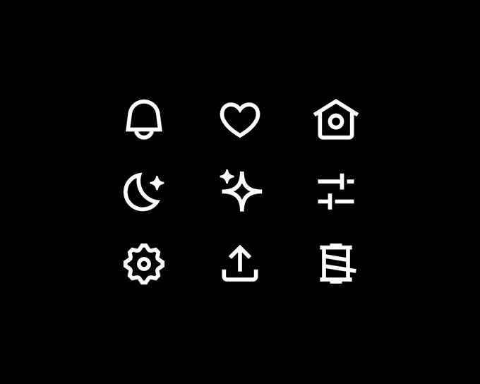 Notifications, heart, home, moon with star, sparkle, filter, settings, share, and thread icon.