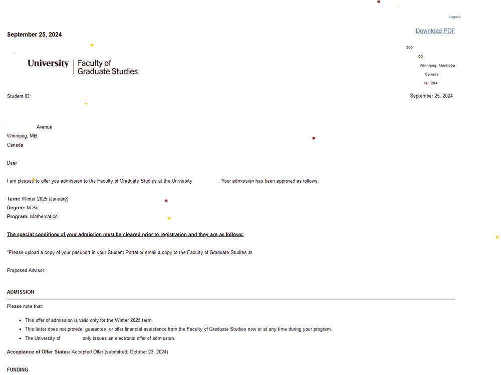 screenshot of my acceptance letter