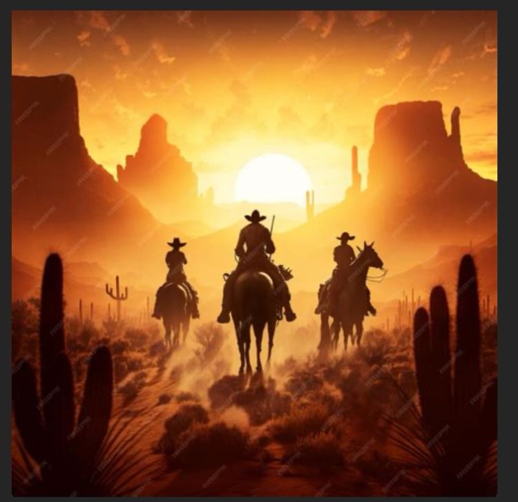 Cowboys reiten in der Abenddämmerung durch die Wüste.