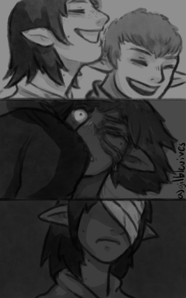 A 3 panel greyscale comic about Gilenoux’s childhood. 

The first panel - Gil (left) and August (right) smiling and laughing while they walk beside each other. 

The second panel - Gil on the ground with August above him. Gil has a cut on his face that is oozing blood. He has one eye screwed shut to keep blood from spilling into it. The other is wide open, staring up at his voidsent-possessed friend. 

The third panel - Gil is all one, a bandage wrapped around half of his head. Neither eye is visible. His lips are set in a grimace.