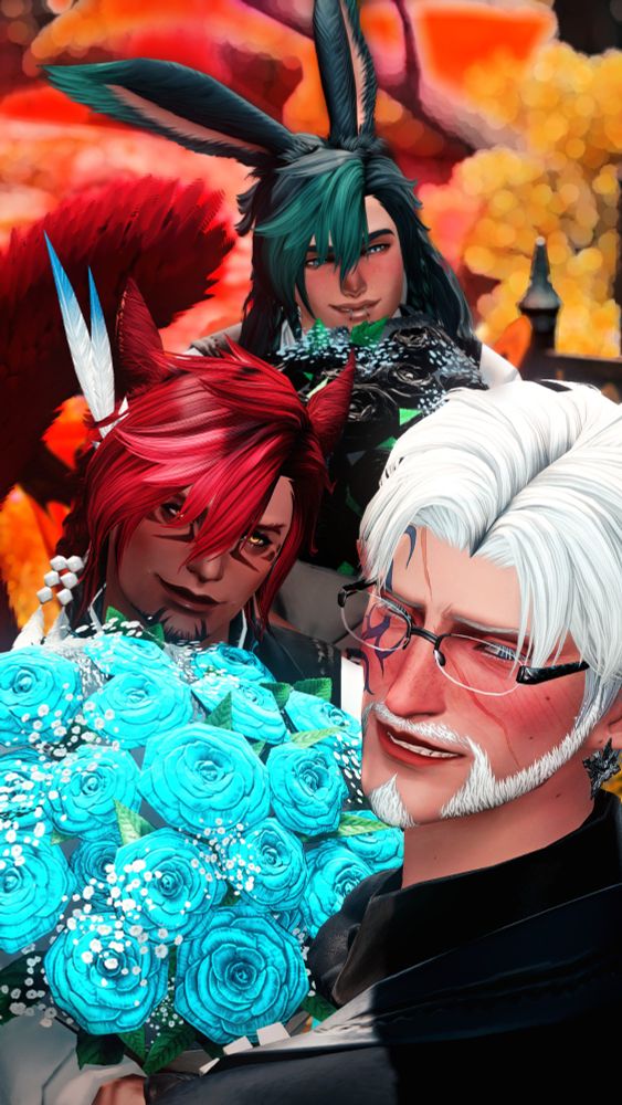 Gilenoux (he/him, foreground) looks away from Rhali (he/him, Miqo'te, midground) and Eji (he/him, Viera, background) as the two present him with big bouquets.

The two of them are leaning towards Gilenoux, clearly excited to give him their gifts. Gilenoux looks flushed, with a crooked smile on his face, brows pinched - it's unclear if he is happy with the attention or not. Rhali looks at Gil with smile on his face and love in his eyes. Eji's expression is earnest and forward. 