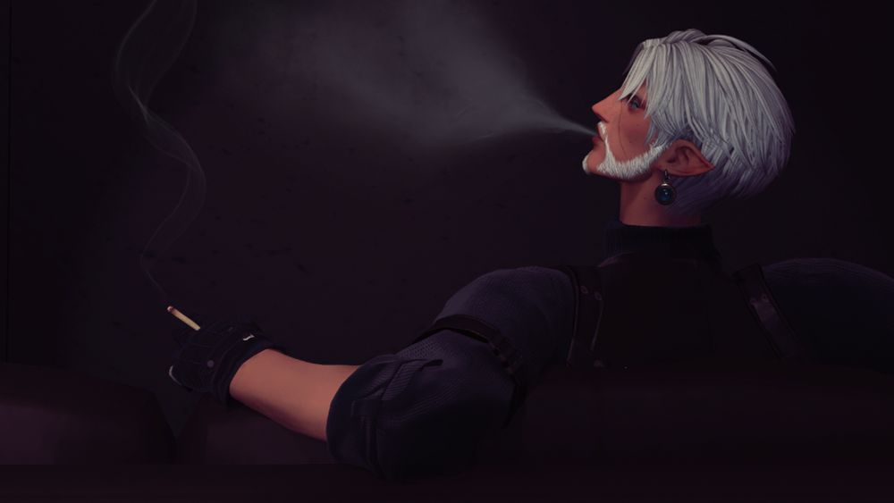 Gilenoux Bleuives (he/him) sits on a leather couch with an arm hooked over the back. In between his index and middle finger, he has pinched a lit fogweed joint, smoke from which is drifting up towards the ceiling. He had taken a hit a moment prior, and is blowing the smoke out through pursed lips while he looks back over his shoulder at the viewer. Will you join him? 