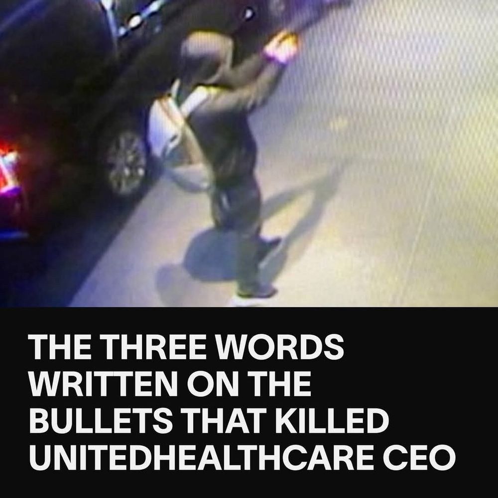 A picture of a man in a backpack with an object in his hand, allegedly a gun, holding it forward with both hands. Underneath in bold letters "THE THREE WORDS WRITTEN ON THE BULLETS THAT KILLED UNITEDHEALTHCARE CEO"