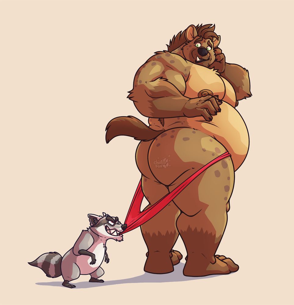 Little raccoon's trying to tug off the big gnoll's speedo. Don't pull too hard, that thing's barely holding together already!