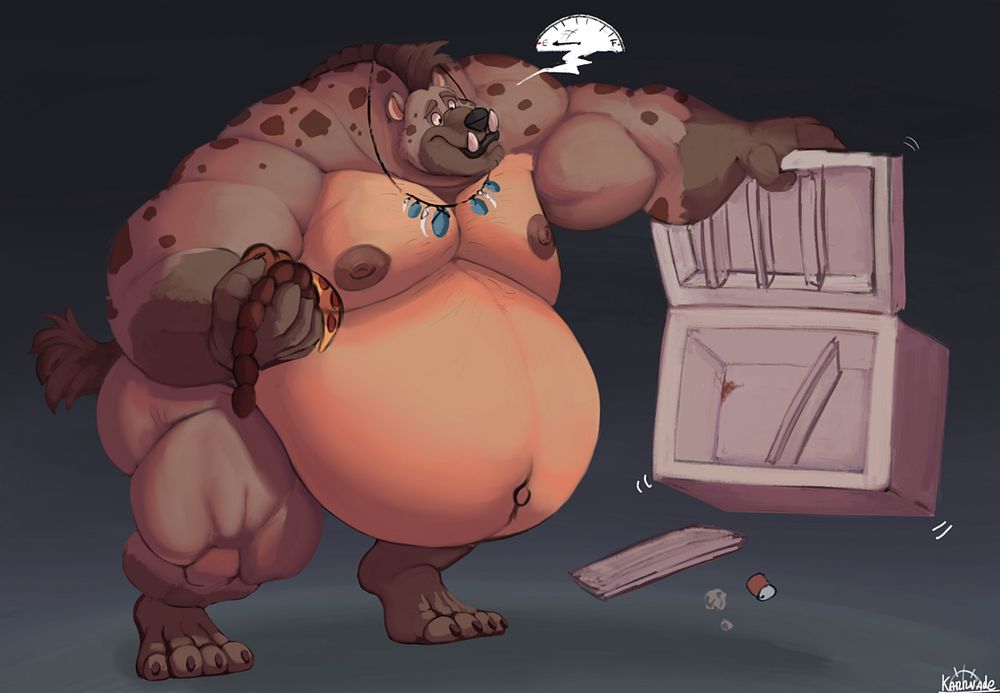 A big gnoll shaking the fridge after he's emptied it out. Poor guy just wanted another snack, but the food box is empty.