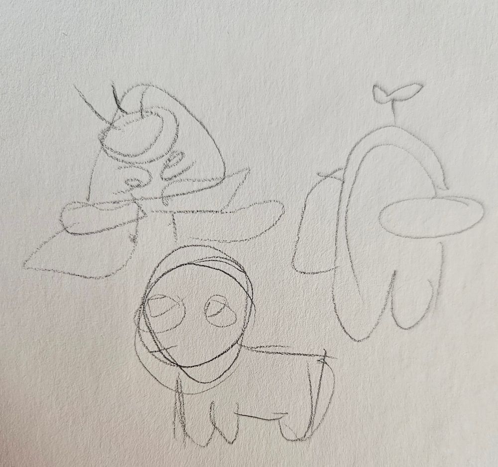 another set of the same characters, still drawn with the same hand but in looser pencil strokes. the characters are still very crude but somewhat smoother, the crewmate also has a noticeably bigger forehead in this drawing.