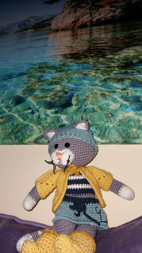 Katze Lykke vor einem Bilf mit Meerwasser und Bergen