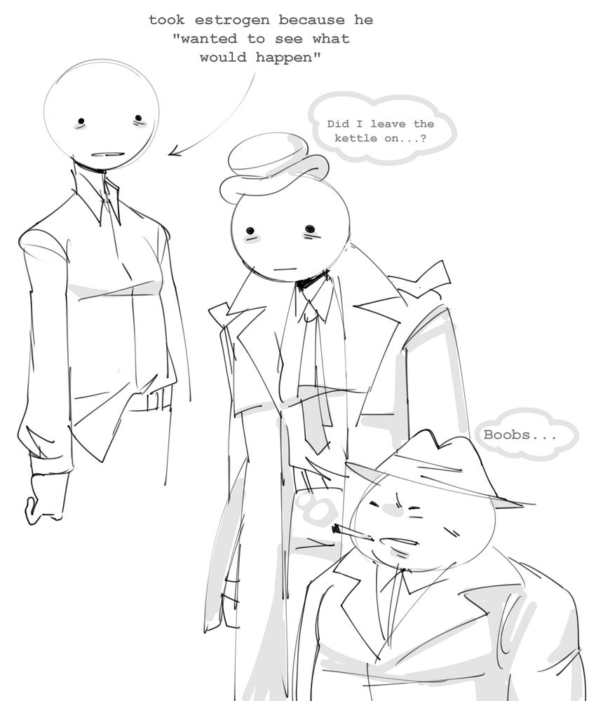 Two drawings exploring Pickle Inspector's own exploring of the wonders of HRT, as well as Ace Dick's reaction to said wonders.