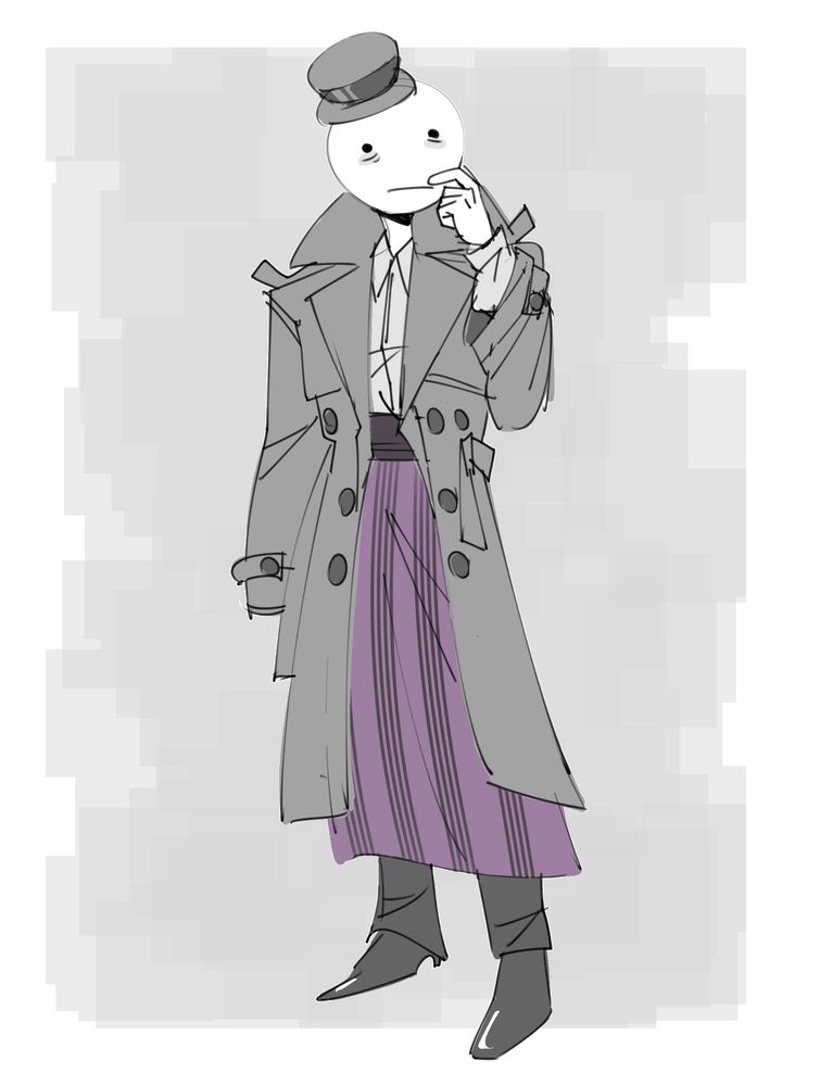 A drawing of Pickle Inspector from the webcomic Problem Sleuth. They are wearing a long, faded purple skirt with darker lines on top of their slacks, their trenchcoat is oversized and droopy on them.