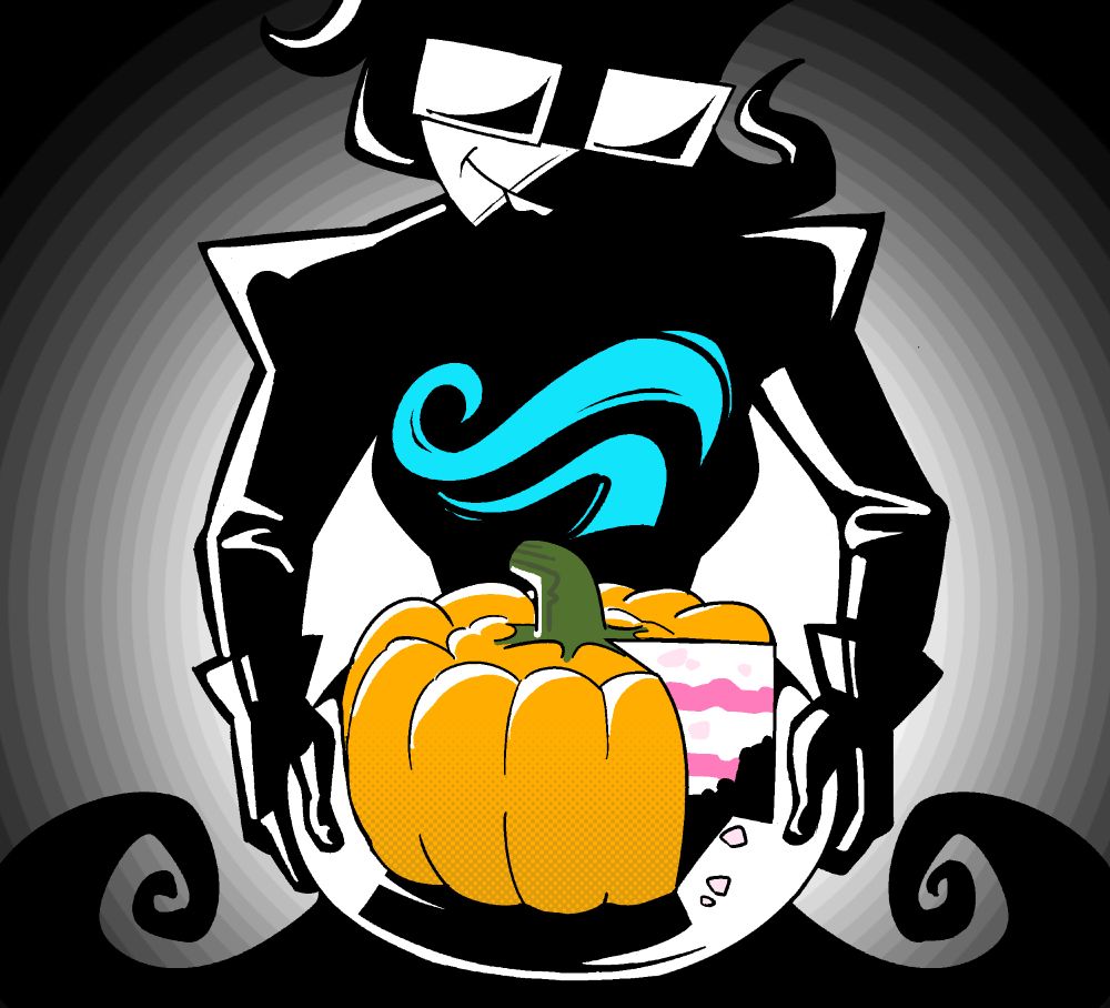 Drawing of the teased June Egbert design from Homestuck Beyond Canon, she is mostly blacked out except for her glasses and smile, she is holding a plate with a pumpkin on it which has a slice cut off of it, there's cake on the inside.
The piece references the "One Year Older" album cover by Killian NG (@klliinng.bsky.social)