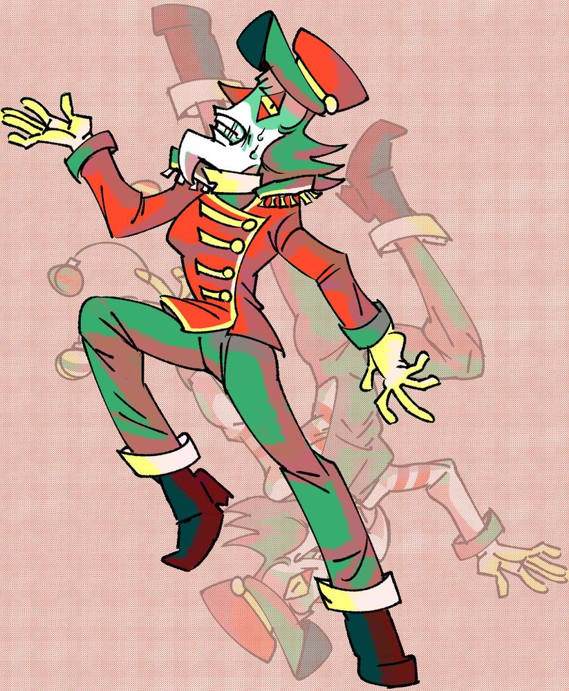 A deltarune oc, he is wearing a train conductor outfit that is colored in a christmas palette, he's imposed over a lower opacity second drawing that depicts him in an acrobatic jumpsuit