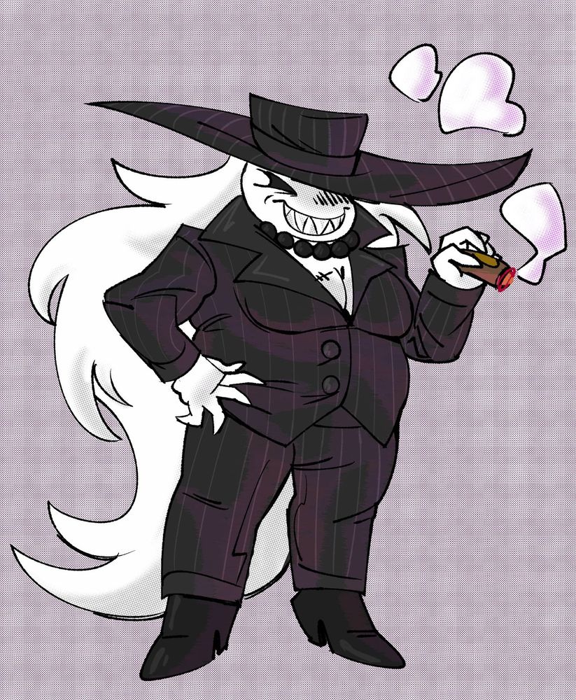 An homestuck prospitian carapace oc , she's wearing a striped black hat and suit and a black bead necklace, she has long hair and is holding a lit cigar