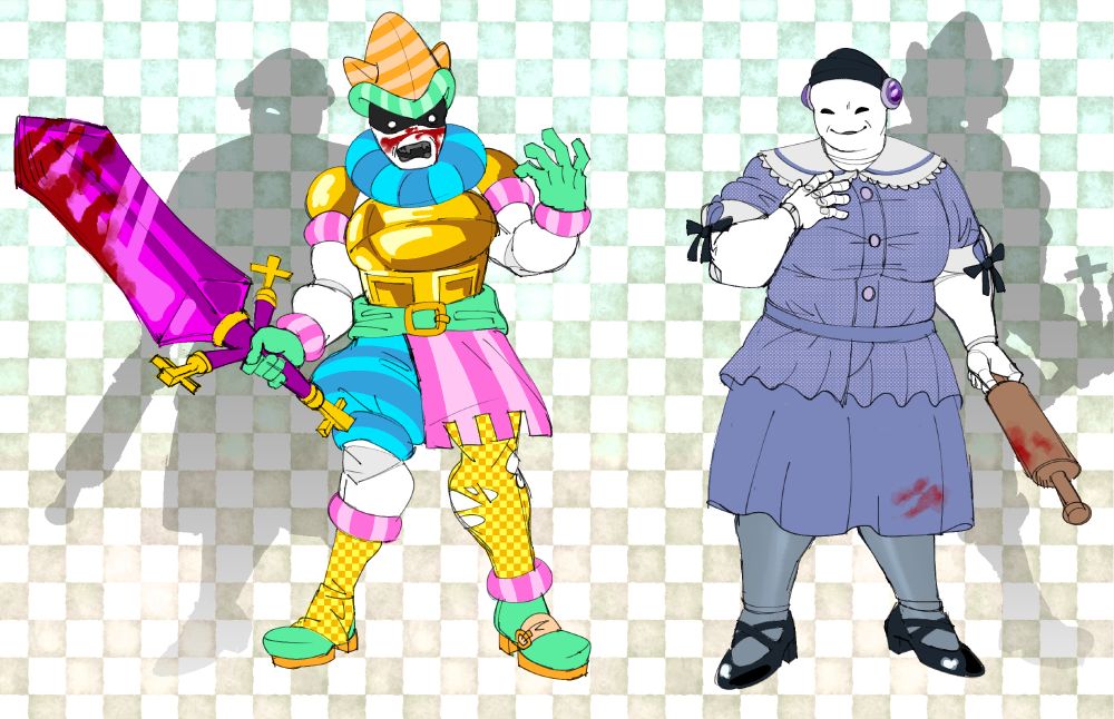 Drawing of a Prospitian Carapacian from Homestuck, on the left she's wearing harlequin armor and holding a big sword, blood staining it and her face. On the right she's wearing a 1920's style house dress and holding a rolling pin, there's faint bloodstains on it and her skirt.