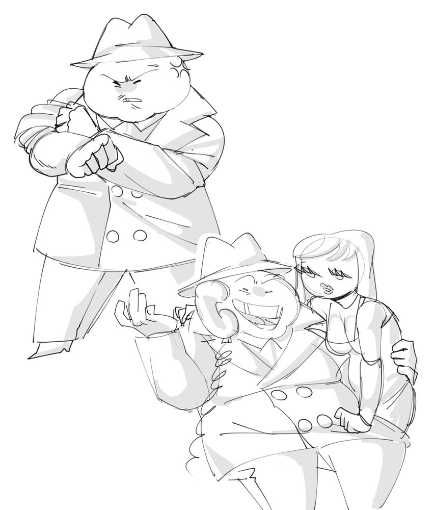 two drawings of Ace Dick from the webcomic Problem Sleuth. The one on the upper left shows his rolling up his sleeve, fist clenched, while looking angry. The one on the lower right has him talking through the phone while holding a woman by his side, a smug expression on his face