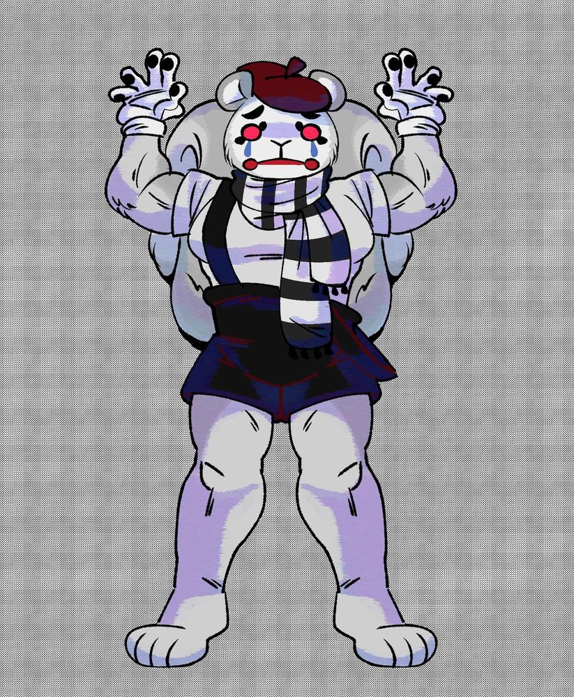 A space station 14 oc, a squirrel like creature that's dressed like a mime, with sad looking makeup and a black and white striped scarf, he is muscular