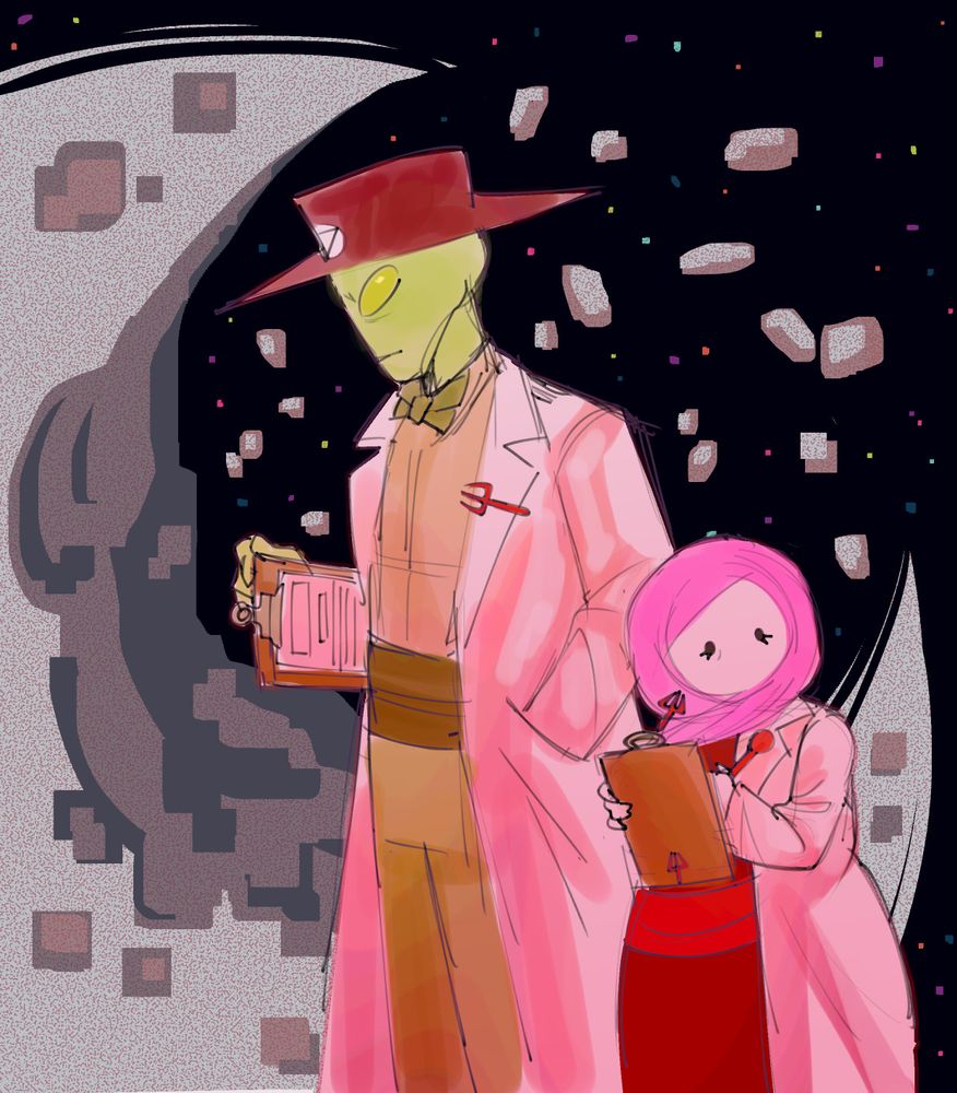 drawing of crowbar and ms. paint from homestuck inspired by a beyond canon update, they're wearing labcoats and holding onto clipboards while standing in front of a partially blown out moon