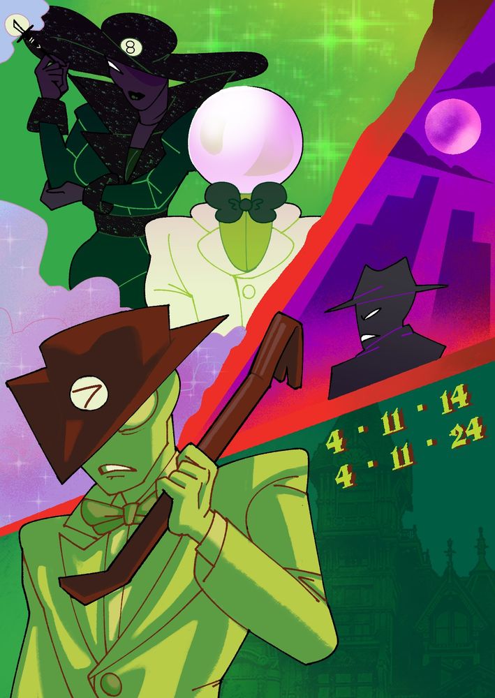 Drawing in tribute of the paradox space comic "The inaugural death of mister seven". The character crowbar stands in the front of the conposition while the space behind him is cut off in three segments: the bottom one shows the felt manor, the middle one shows Spades Slick and a stylised view of midnight city and the one on top shows Snowman and Doc Scratch, a huge plume of smoke coming from Snowman's cigarette holder. 
On the right the dates "4/11/14" and "4/11/24" are written down.