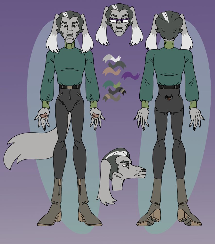 A ref sheet for an anthro dog character. He's wearing a green sweater with light green cuffs, high waist brown pants, and brown boots