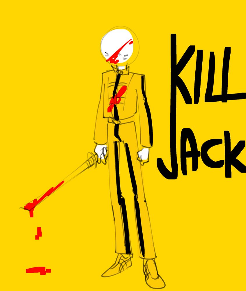 PM dressed in the Bride's black lined yellow tracksuit from Kill Bill, holding a bloody sword and with blood splattered both on her face and chest, the text to the right of her reads "KILL JACK".