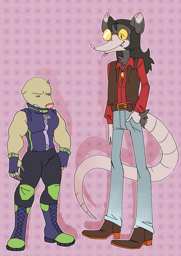 A drawing of two anthro characters standing next to eachother: Waylon, a golden mole wearing a sporty outfit and Anton, an american opossum wearing "western" feeling clothes.