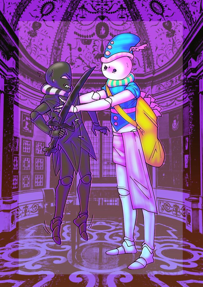 Drawing of Jack Noir and Parcel Mistress from Homestuck. PM is holding Jack up by the armpits, lifting him off the ground with a puzzled/annoyed expression. Jack, even if holding the regisword, isn't reacting, he looks angry and a bit intimidated.

AKA: Homestuck would've been 7000 pages shorter if PM simply bullied Jack on their first meeting.