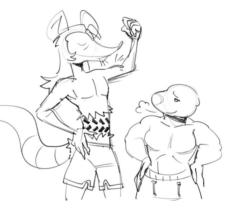 Anton and Waylon during a workout, they are both shirtless and Anton is proudly showing off his gains as waylon, who is much more muscular than him, looks on amused. Anton is shown having a tire track marking going across a furless section on his stomach
