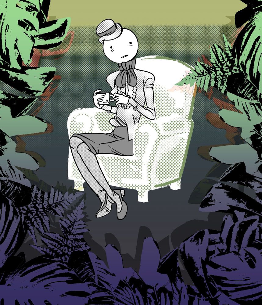 Drawing of Pickle Inspector from the webcomic problem sleuth, they're sitting in an armchair and holding a teacup. They're framed by lush vegetation.