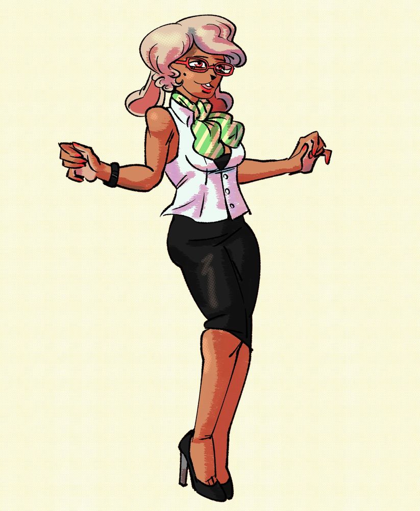 A bunny woman oc, she has short blond hair, short droopy ears, red glasses, a stroiped yellow and green scar, and is wearing business like clothes