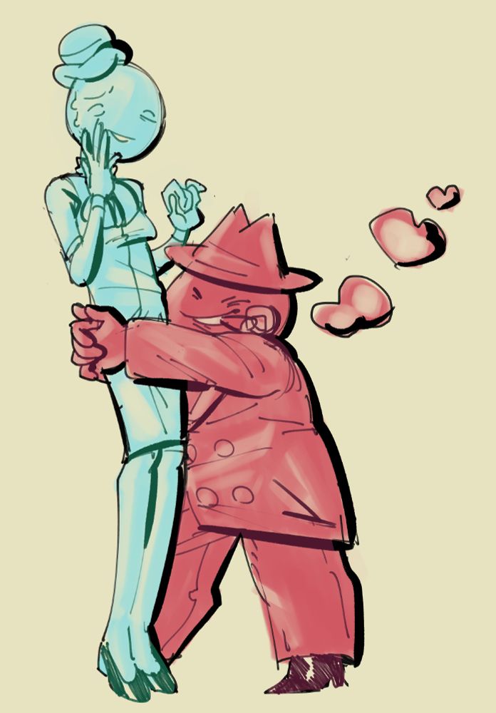 Drawing of Pickle Inspector and Ace Dick from the webcomic problem sleuth, AD is hugging PI