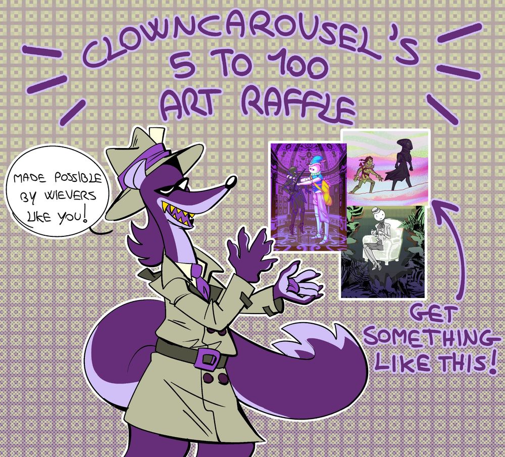 Drawing of the artist's fursona, a purple toon weasel wearing a trenchcoat and fedora, showcasing artwork that you can receive some of by participating in the mentioned raffle.
