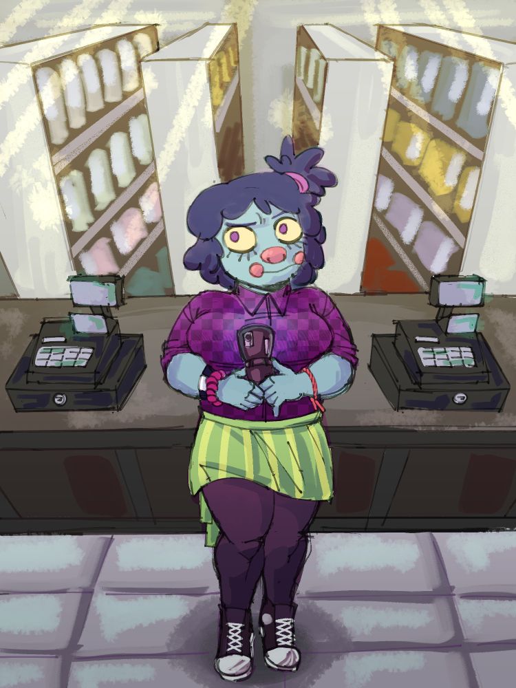 Drawing of a character standing behind a counter with two cash registers on it, she's facing towards the viewer and leaning back on it, looking off to the side and holding a flip phone. In the background store shelves are visible and a bright neon light is coming from above.