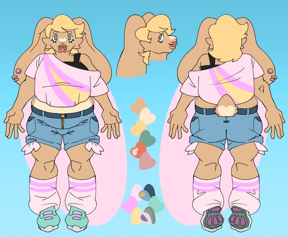 A ref sheet for an anthro bunny character. They're wearing an asymmetrical top with a black bra athletic bra underneath, jean shorts, legwarmers and gym shoes