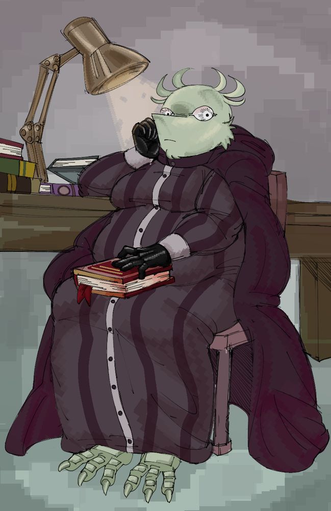 A character sitting at a desk with a bunch of books and a reading lamp on it, she's holding a book in her lap