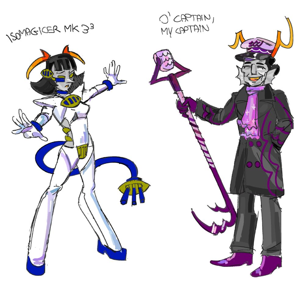 A drawing of two Homestuck fantrolls, a goldblood(he/she) wearing a futuristic looking outfit with a tail that ends in an outlet with three prongs, and a violetblood(he) wearing a naval outfit that's also holding an harpoon fused with a vintage stand microphone