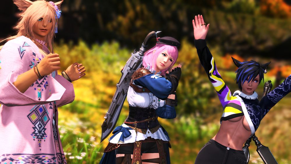 a screenshot from final fantasy xiv of dimi, lyra and kimi, all doing various dances