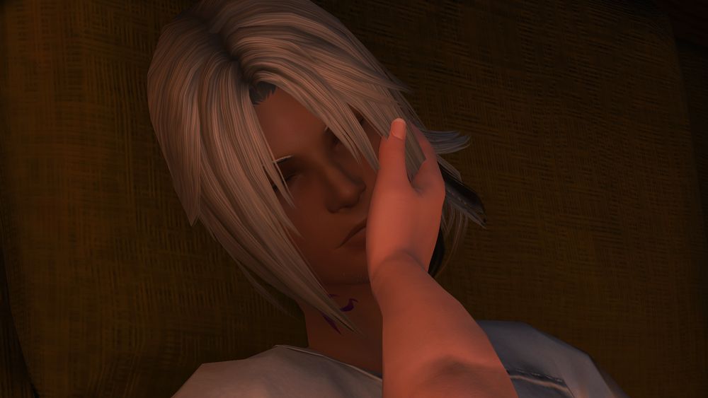 thancred, a male midlander hyur with long white hair, lying in a bed inside the dawn's respite within the rising stones. he is seen to be in a coma of sorts. a hand, belonging to the ops warrior of light, can be seen cradling his cheek
