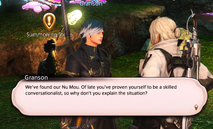 granson and my thancred alt
there is text that reads as follows
granson: we've found our nu mou. of late you've proven yourself to be a skilled conversationalist, so why don't you explain the situation?