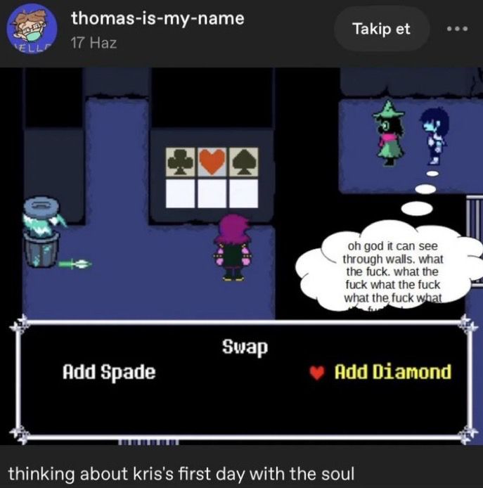 thomas-is-my-name writing "thinking about kris's first day with the soul" posting a edited screenshot with kris thinking in they mind: "oh god it can see through walls. what the fuck. what the fuck what the fuck what the fuck..." 