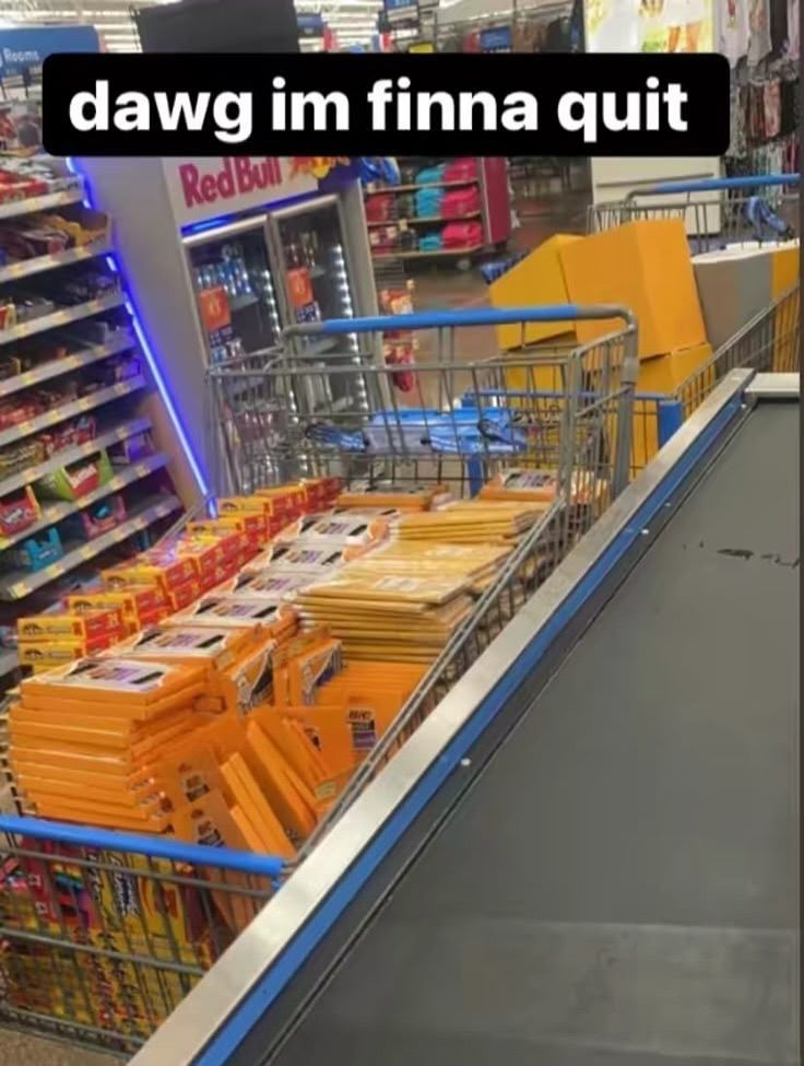 pov of a walmart employee saying: "dawg im finna quit" after having to scan a comically large amount of markers and crayons for someone to purchase