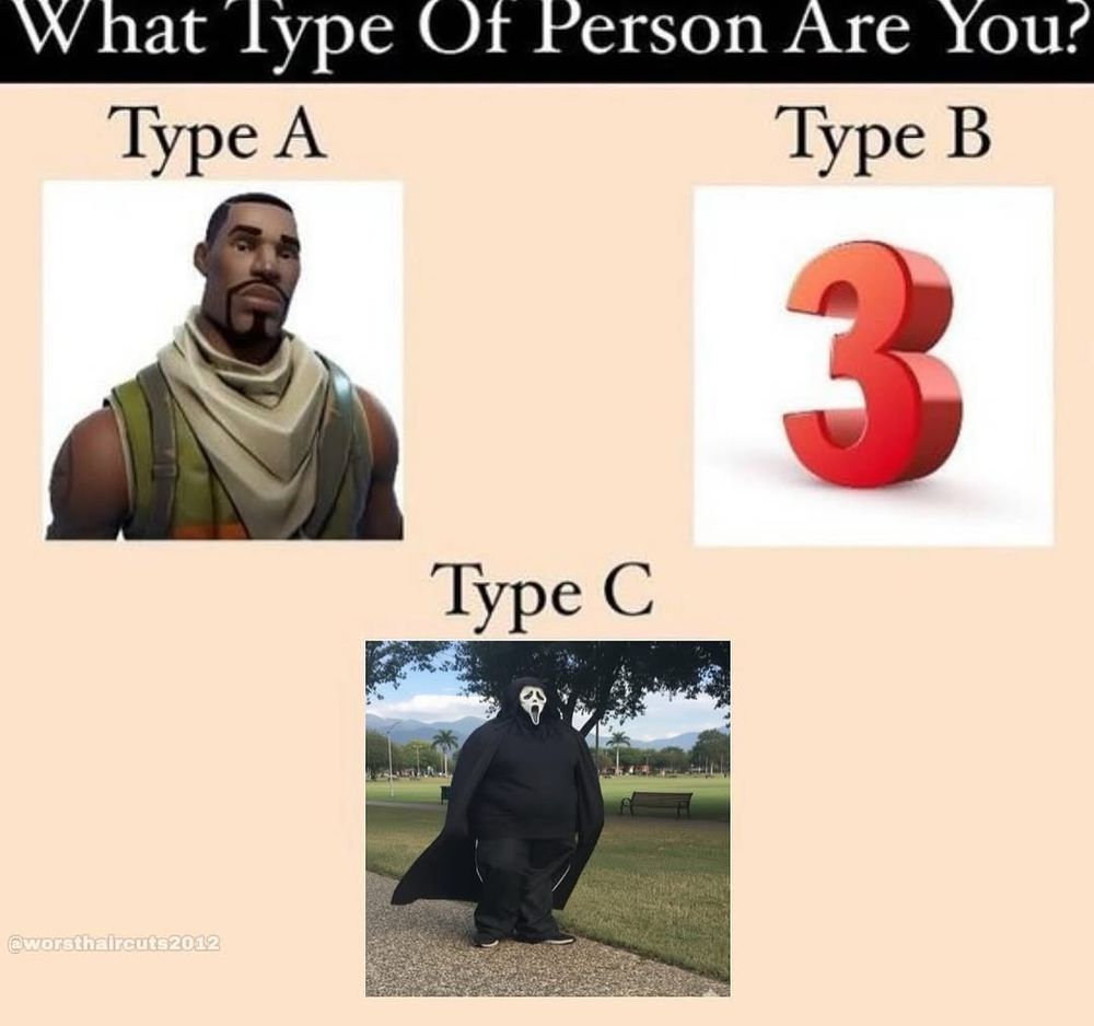 caption on top asking: "What type of person are you?"

Type A: the character spitfire from fortnite

Type B: the number three

Type C: fat individual in ghostface costume