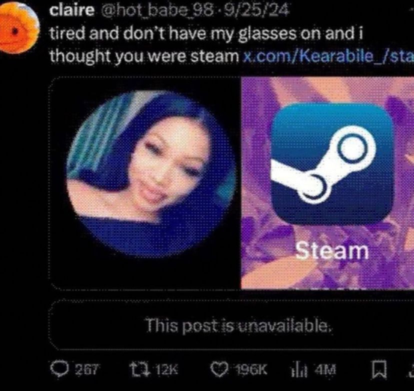 person tired and doesn't have glasses on finds girl's profile picture similar to the logo of the video game marketplace steam