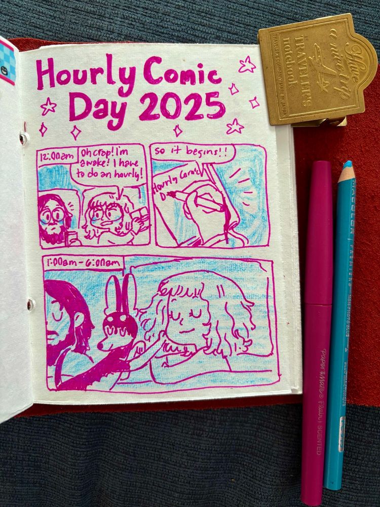 Hourly comic day: 12 am grabbing notebook in bed to record hourly comics. 1-6am sleeping with Frankie’s paw on me