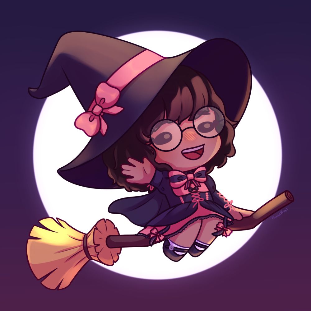 A chibi-style drawing of a character dressed as a witch riding a broomstick with the moon in the background. The character has shoulder-length curly hair, glasses, and black and pink clothing.