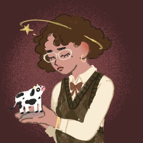 drawing of a person with curly hair and earrings, wearing a light colored shirt and a green vest. They're holding a tiny cow in their hands and have a star orbiting their head.