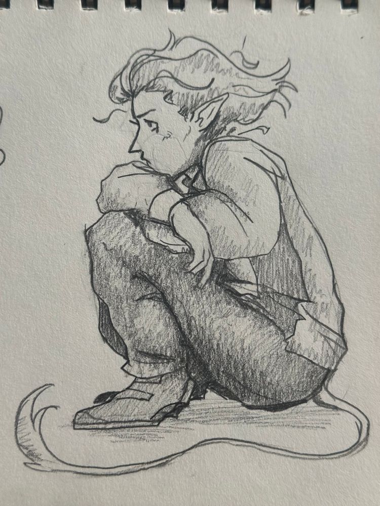 a drawing of tangotek sitting down, on sketchbook paper